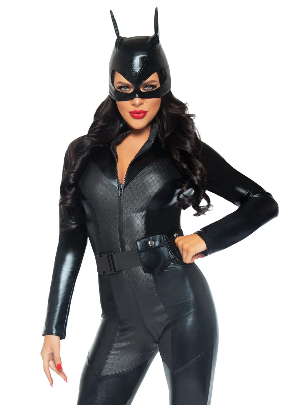 3Pc.Captivating Crime Fighter,Quilted Catsuit,Utility Belt,Mask Large Black