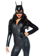 3Pc.Captivating Crime Fighter,Quilted Catsuit,Utility Belt,Mask Large Black