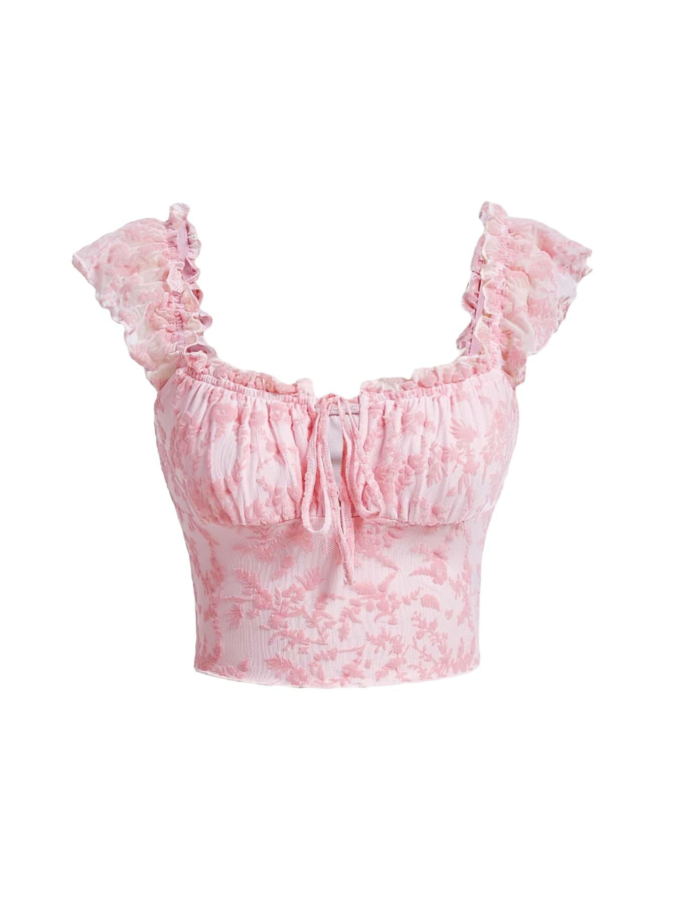 Verdusa Womens Floral Print Tie Front Ruched Sweetheart Neck Cap Sleeve Crop Blouse Top Pink Large
