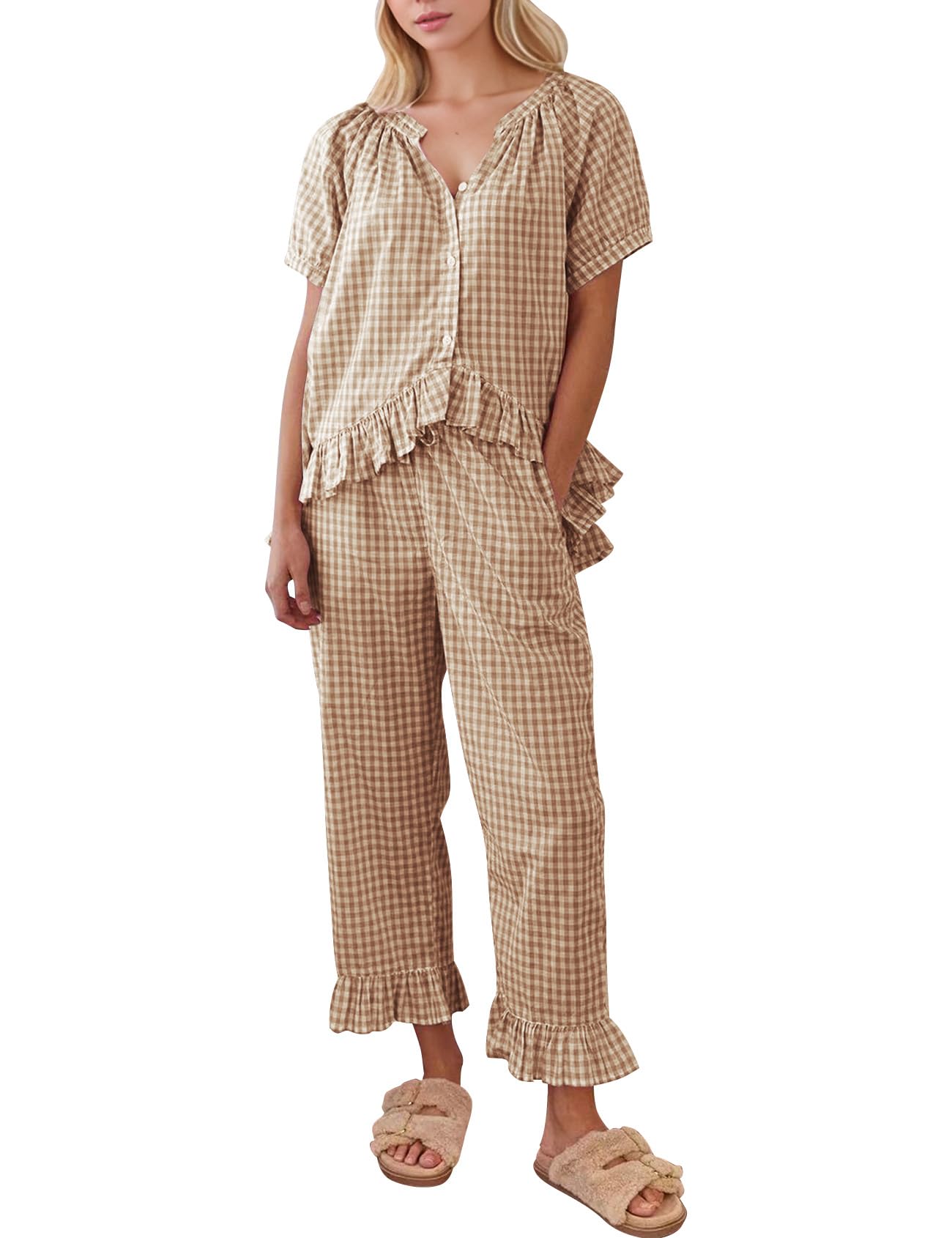 COZYPOIN Womens Gingham Pajama Set 2 Piece Plaid Cotton Pjs Cute Ruffle Sleepwear Maternity Bridesmaid Pajamas Loungewear(Brown-