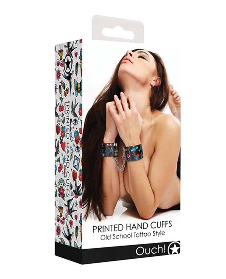 Ouch! Printed Hand Cuffs, Old School Tattoo Style, Black