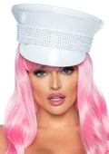 Rhinestone Trim Military Hat White O/S