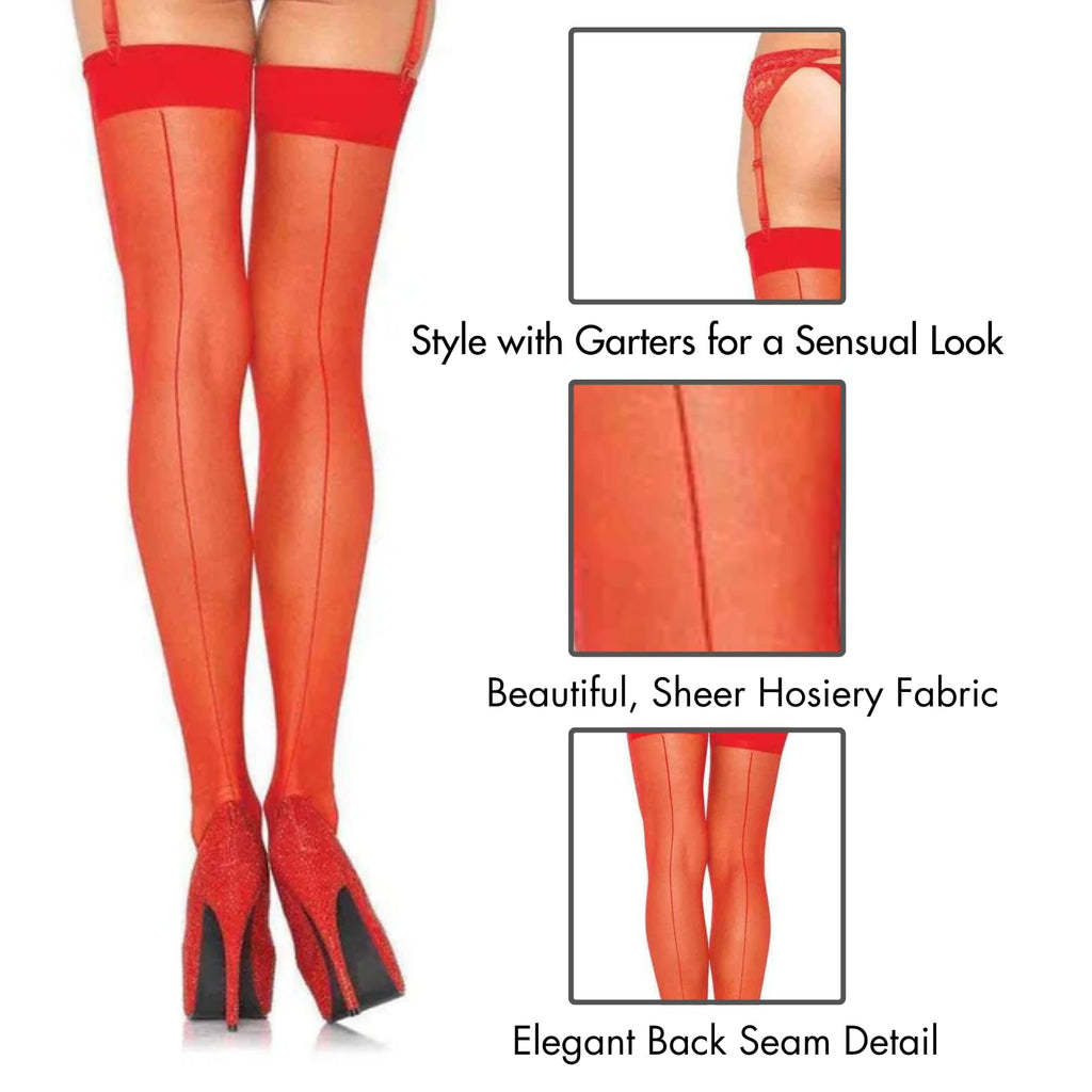Leg Avenue Women'S Sheer Lace Top Thigh High Stockings With Backseam, Red, One Size