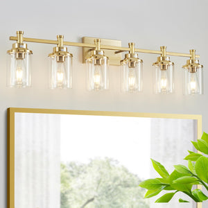 Aixialin Brushed Brass Bathroom Vanity Light, 6 Lights Bathroom Light Fixtures With Glear Glass Shades, Brushed Brass Gold Bathr