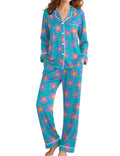 SWOMOG Pajamas Womens Long Sleeve Sleepwear Soft Button Down Loungewear Pjs Set Nightwear S-XXL Blue Flower