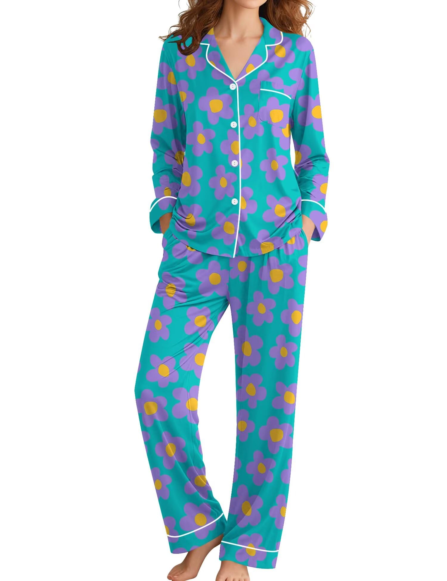 SWOMOG Pajamas Womens Long Sleeve Sleepwear Soft Button Down Loungewear Pjs Set Nightwear S-XXL Blue Flower
