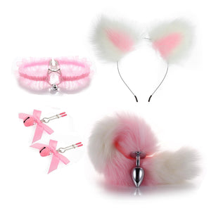 Butt Plug Tail Plug, Cute Fox Tail Plug Tail with Small Butt Plug Nipple Clamp Cat Ears Headband Metal Anal Sex Toys for Women M