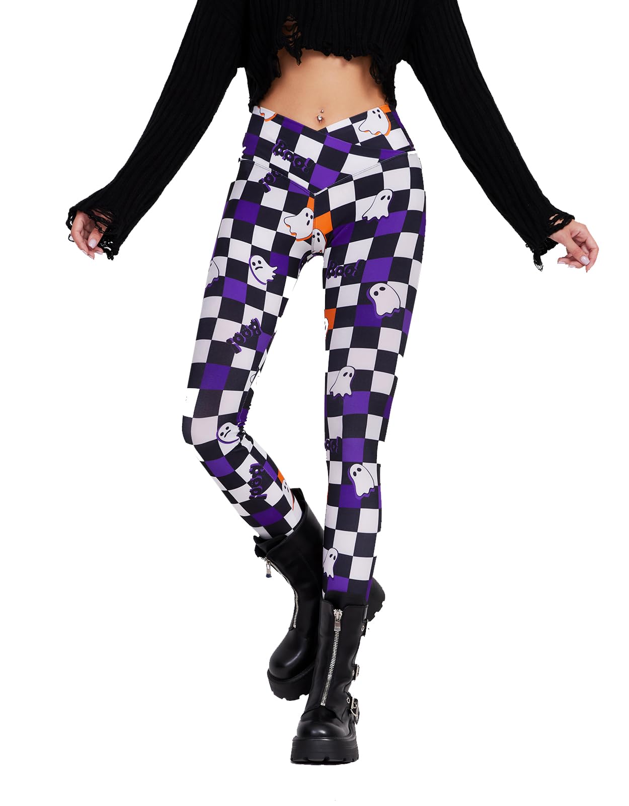 sissycos Women s Halloween Crossover Leggings High Waisted Buttery Soft Printed Tights (Halloween Ghost Plaid, X-Large)