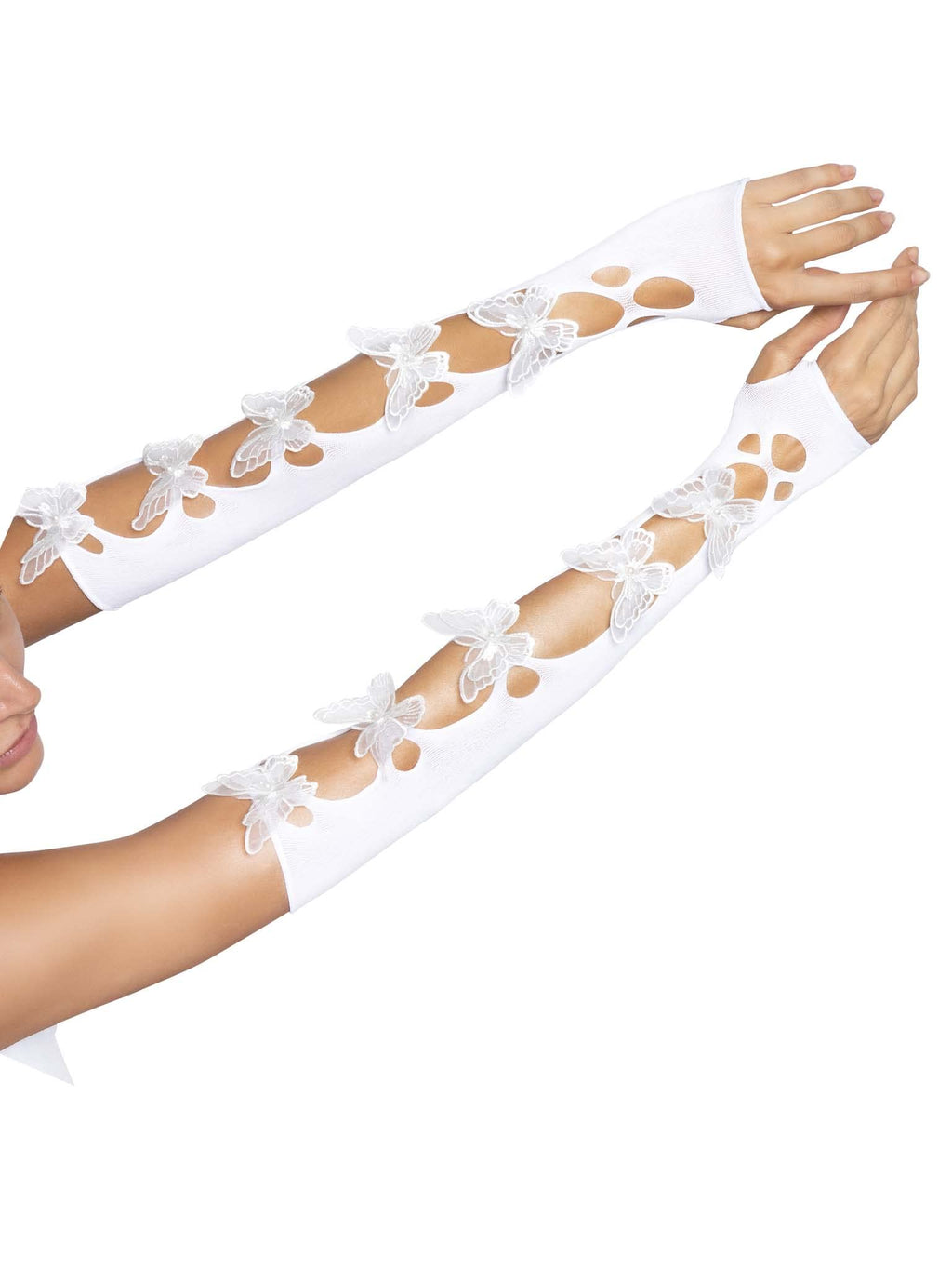 Opaque Net Cut-Out Butterfly Applique Arm Warmers.