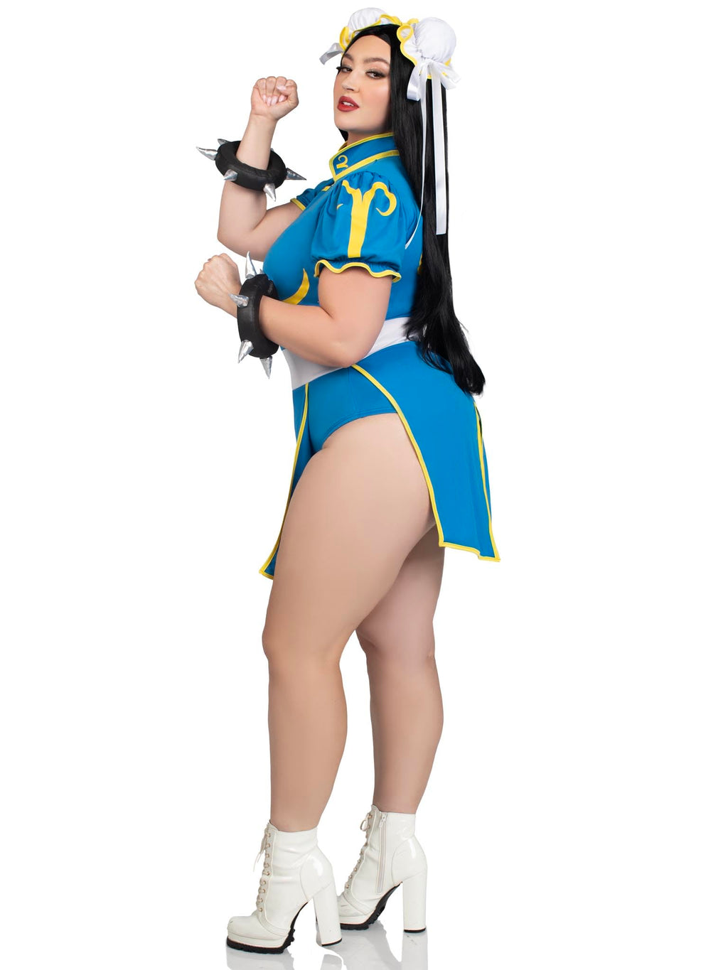 3 Pc Chun-Li, Includes Bodysuit Dress With Signature Character Detail, Bun Covers With Ribbon Accents, And Spiked Wrist Cuffs.