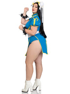 3 Pc Chun-Li, Includes Bodysuit Dress With Signature Character Detail, Bun Covers With Ribbon Accents, And Spiked Wrist Cuffs.
