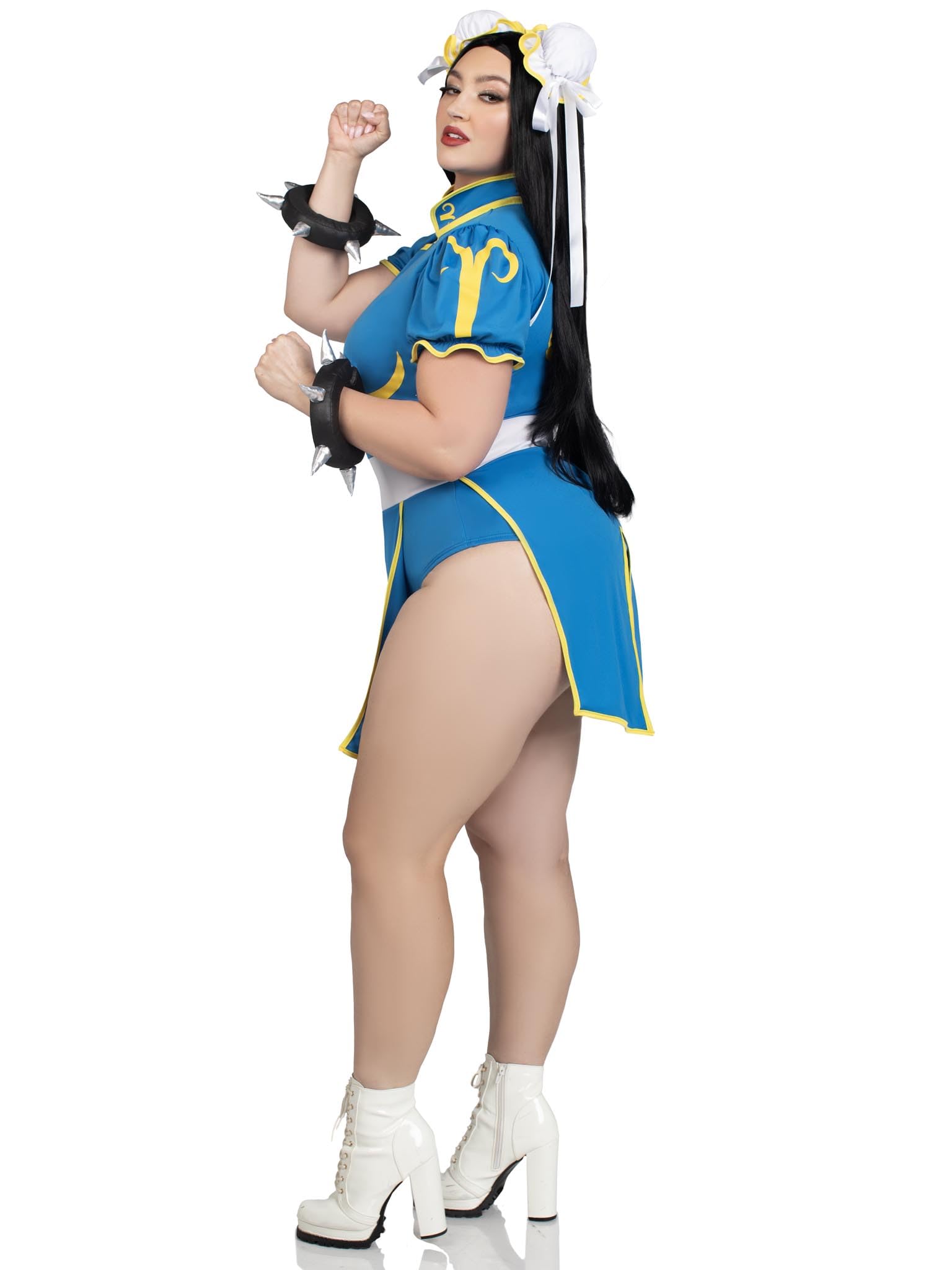 3 Pc Chun-Li, Includes Bodysuit Dress With Signature Character Detail, Bun Covers With Ribbon Accents, And Spiked Wrist Cuffs.