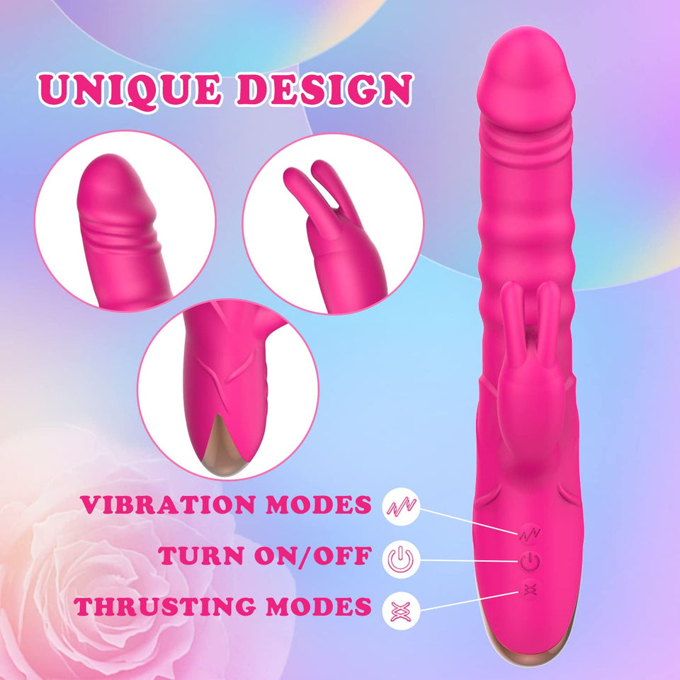 Thrusting Rabbit Vibrator, G Spot Clitoral Vibrator Waterproof & Rechargeable Realistic Silicone Dildo Vibrator with 3 Thrusting