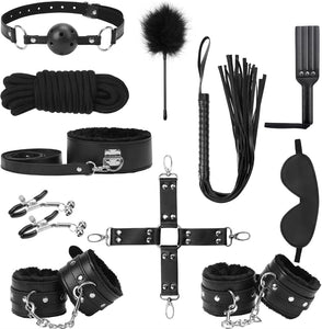BDSM Kit Sex Bondage Restraints Toys: Upgrade 11PCS Sets with Adjustable Handcuffs Collar Ankle Cuff Blindfold Feather Tickler A