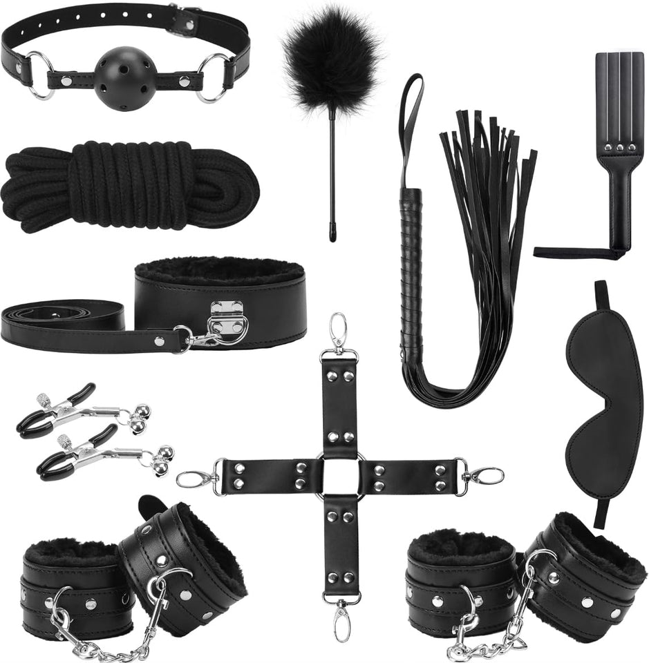 BDSM Kit Sex Bondage Restraints Toys: Upgrade 11PCS Sets with Adjustable Handcuffs Collar Ankle Cuff Blindfold Feather Tickler A