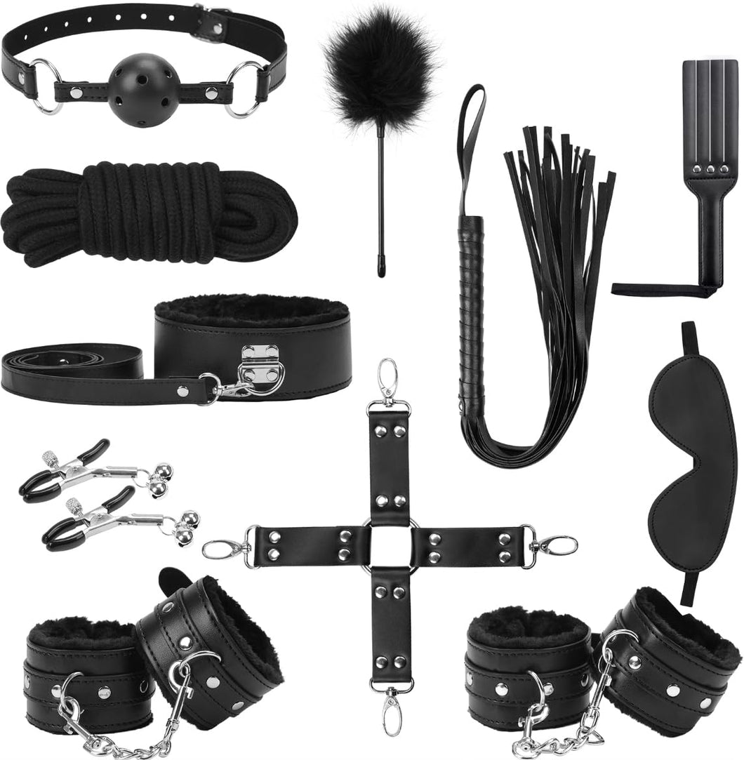 BDSM Kit Sex Bondage Restraints Toys: Upgrade 11PCS Sets with Adjustable Handcuffs Collar Ankle Cuff Blindfold Feather Tickler A
