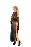 Elegant Moments Womens Mesh & Vinyl Long Sleeve Gown & G-String 2Pc Set Only, Black, Medium