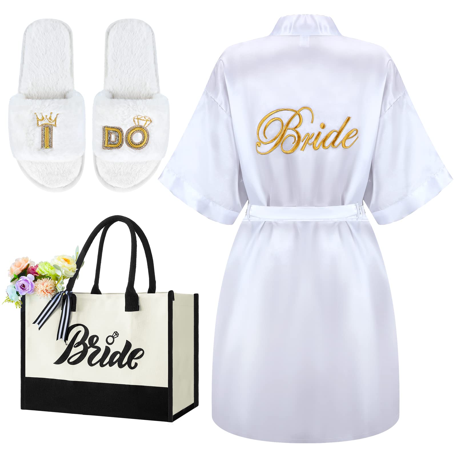 Berlune 3 Pcs Bride to Be Gift Sets Bridal Shower Gift Bride Robes Slippers Tote Bag for Bachelorette Wedding Party(Large,White)