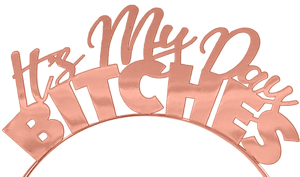 RhinestoneSash Bride Headband and Veil - Set of 2: rose gold It's my day bitches & short white tulle Veil - funny Bachelorette P