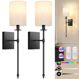 24.5 Inch Battery Operated Wall Sconces Set Of 2 With Remote, Rechargeable Wireless Wall Lights With Beige Fabric Shade, Indoor