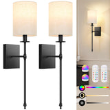 24.5 Inch Battery Operated Wall Sconces Set Of 2 With Remote, Rechargeable Wireless Wall Lights With Beige Fabric Shade, Indoor