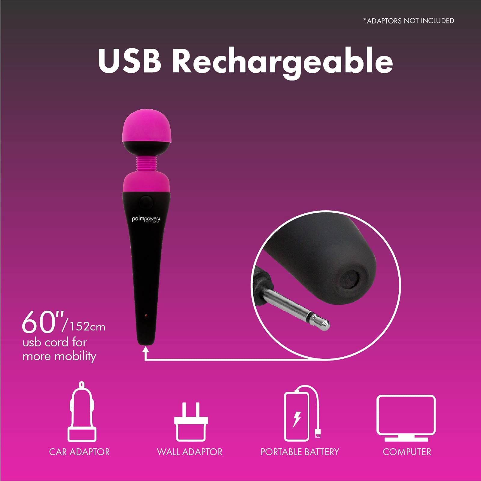 Palmpower Recharge Personal Massager, Powerful Long-Lasting Motor, Variable Function And Speed, Water Resistant, Made With 100% Silicone Head - Usb Charging Cord Included. (30628)