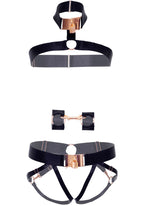3 Pc Satin Elastic Harness With Rose Gold Lock And Key Hardware And O-Ring Detail, Wrist Restraints With Snap Hooks, And Matchin