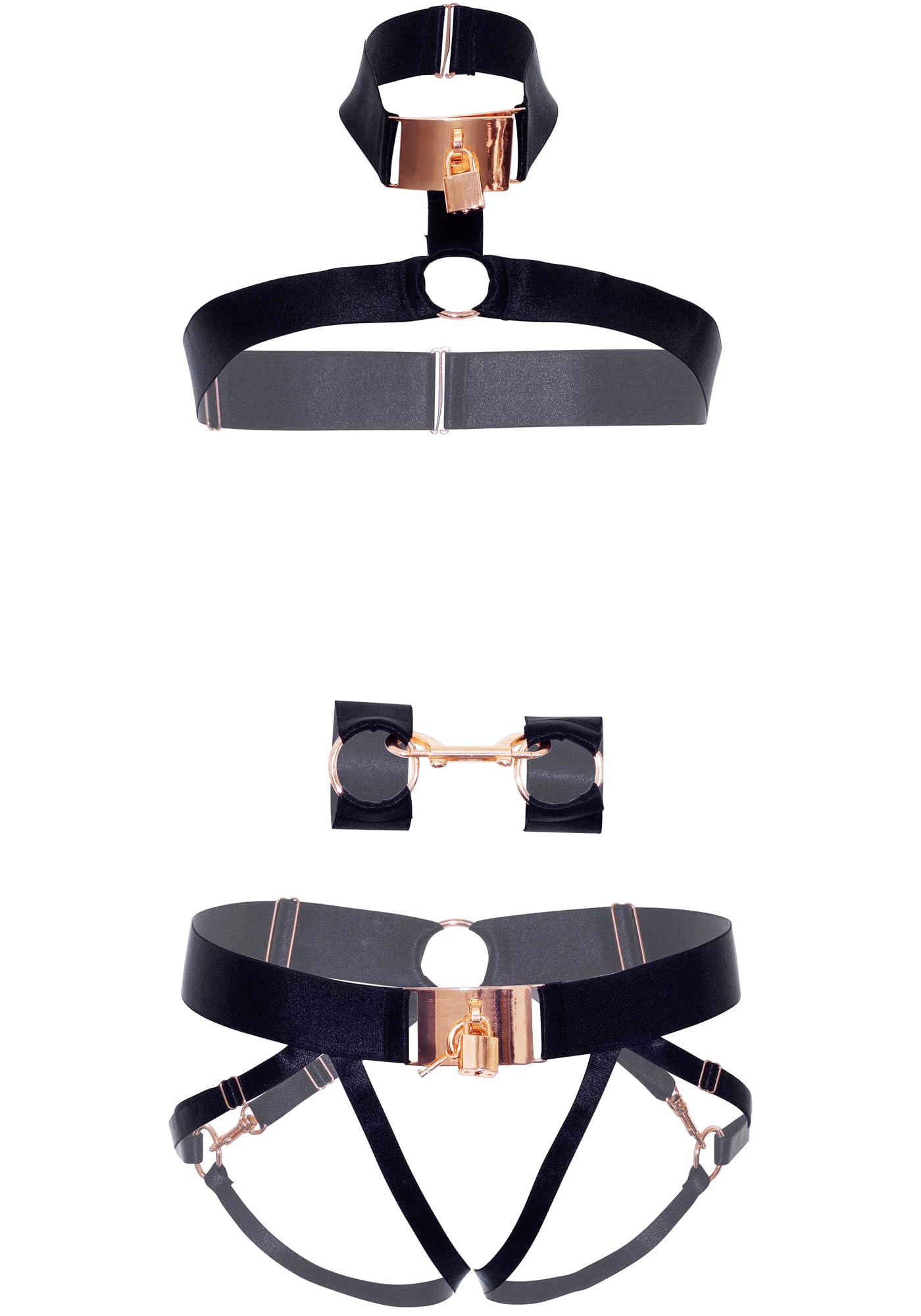 3 Pc Satin Elastic Harness With Rose Gold Lock And Key Hardware And O-Ring Detail, Wrist Restraints With Snap Hooks, And Matchin