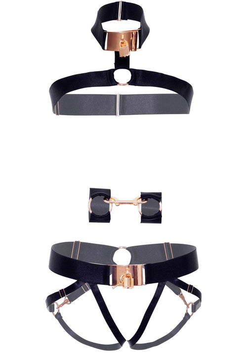 3 Pc Satin Elastic Harness With Rose Gold Lock And Key Hardware And O-Ring Detail, Wrist Restraints With Snap Hooks, And Matchin