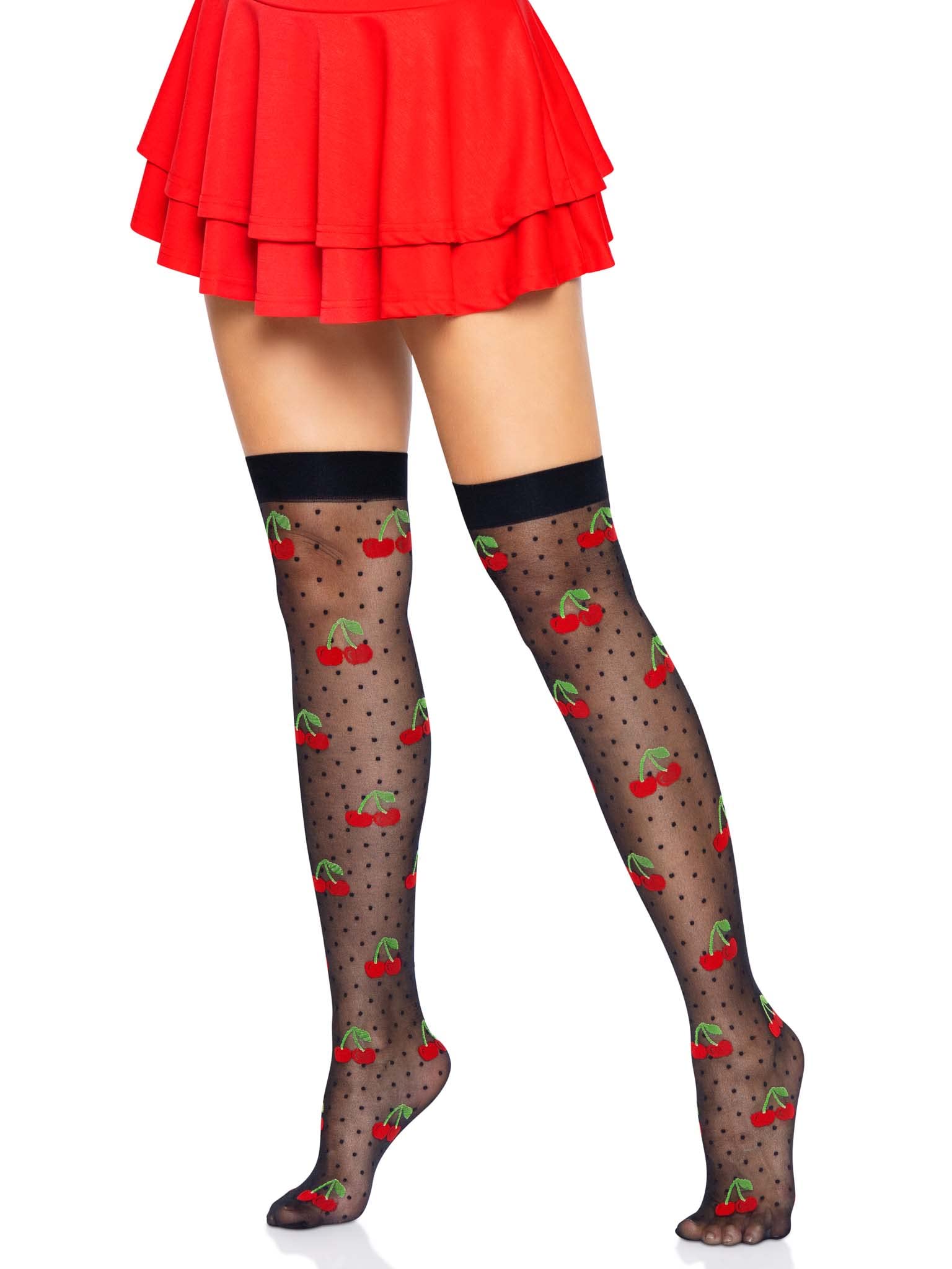 Spandex sheer polka dot cherry thigh highs.