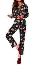 Ekouaer Silk Satin Pajamas Womens Long Sleeve Pj Set Soft Button Down 2 Piece Sleepwear Loungewear Christmas Black Print,XXL