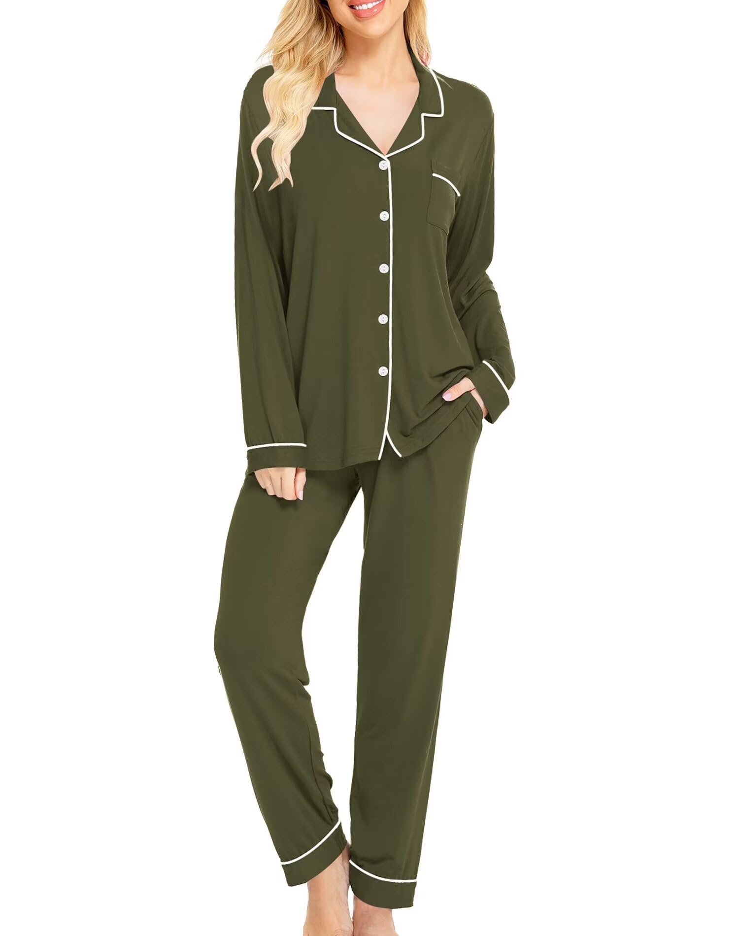 SWOMOG Pajamas Womens Long Sleeve Sleepwear Soft Button Down Loungewear Pjs Set Nightwear S-XXL Army Green