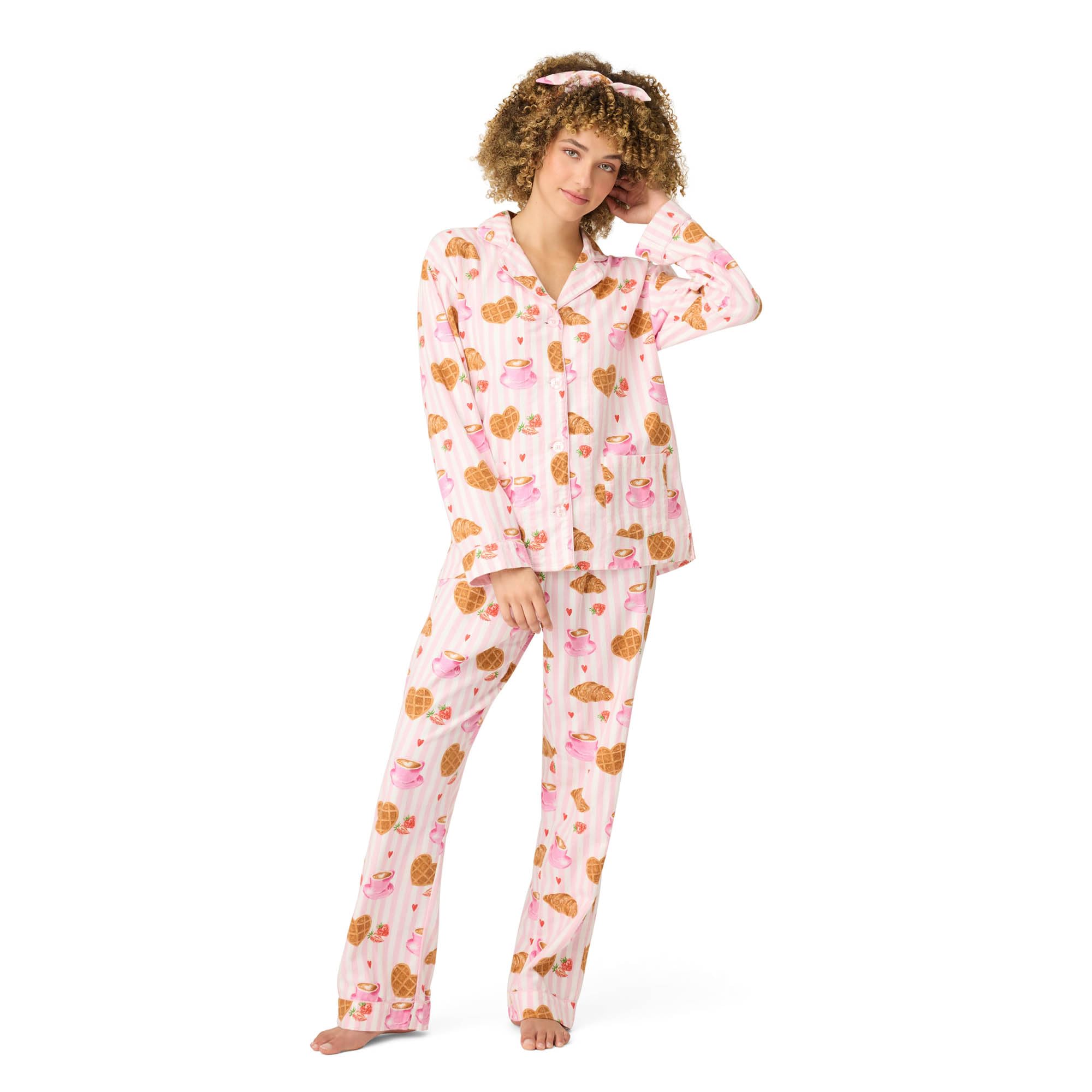 P.J. Salvage Womens Cotton Flannel Long-Sleeve Top, Pant and Headband 3-Piece Pajama Set, Pink, Large