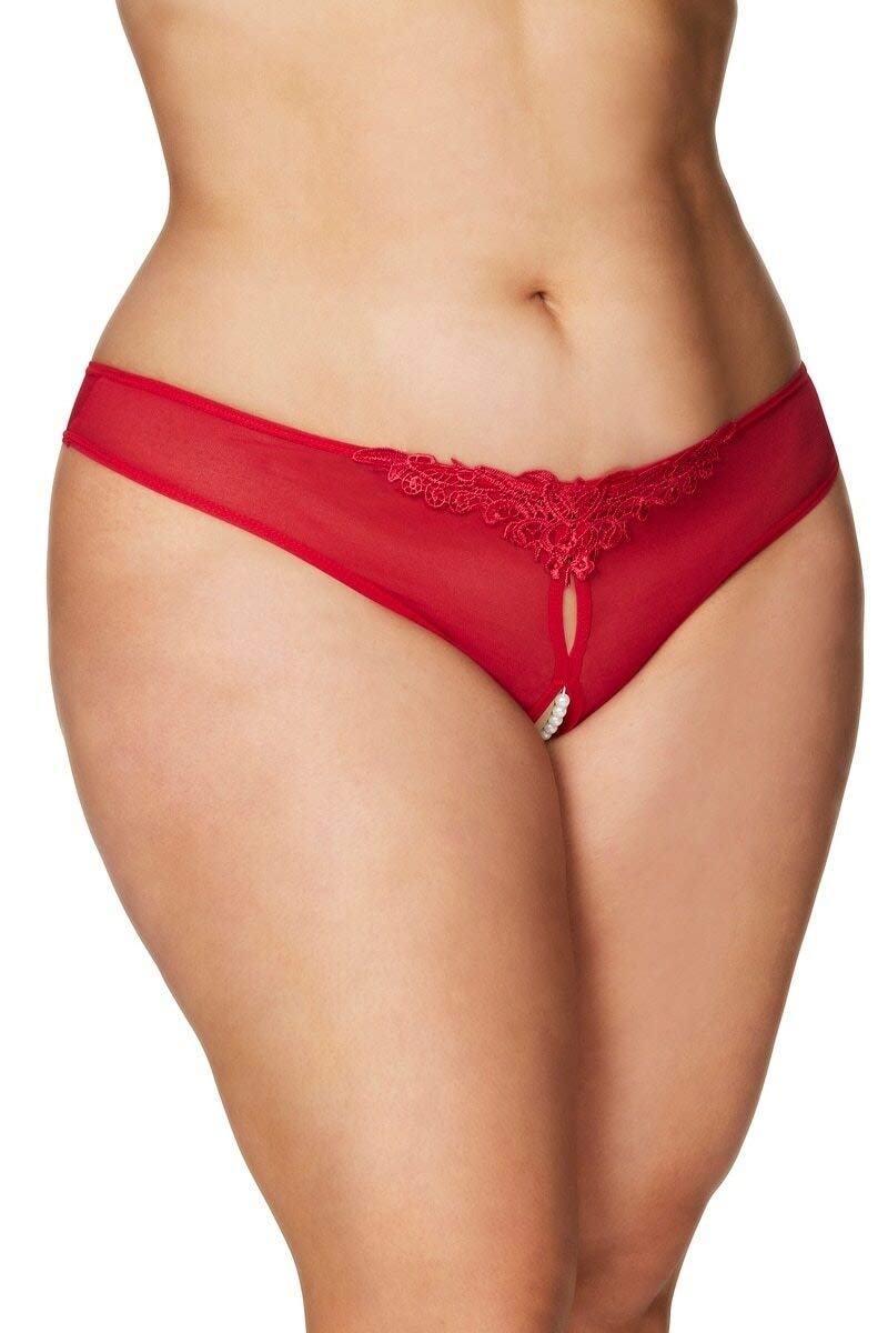 Oh l l Ch  ri Lingerie For Women Plus Size Paradise Pearl Thong Red 3X/4X