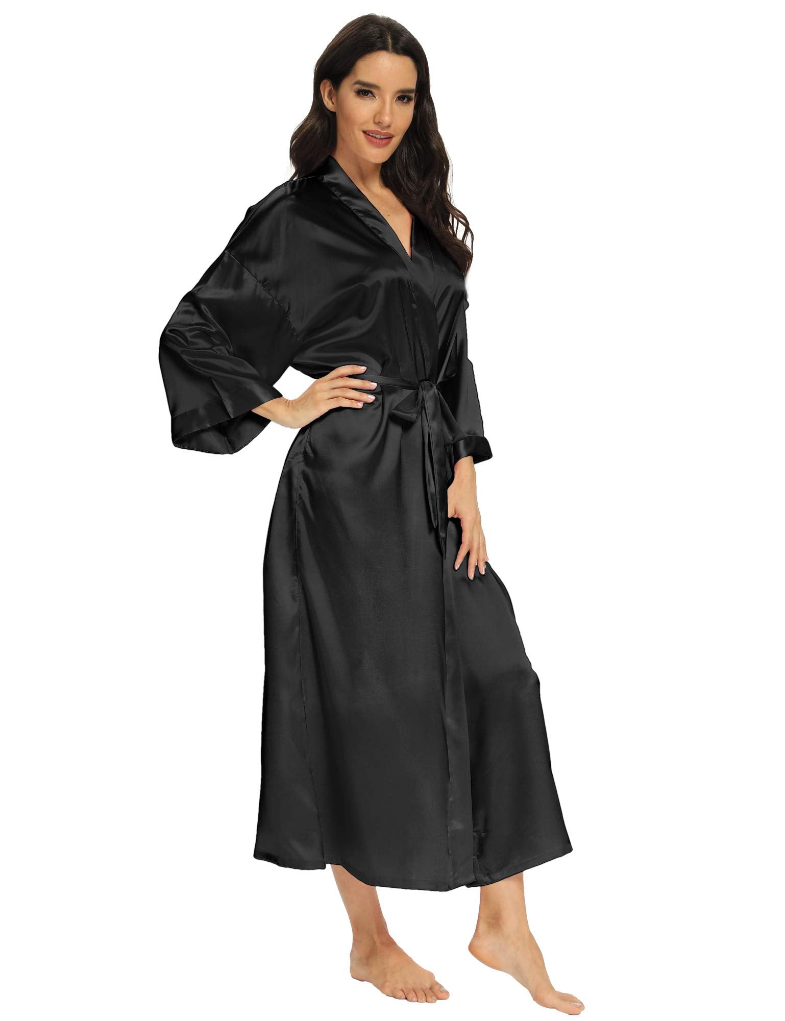 MizzGenio Womens Plus Size Long Satin Robes Plus Size Lightweight Long Silk Robes Full Lenth Sleepwear, Black, 4X/5X