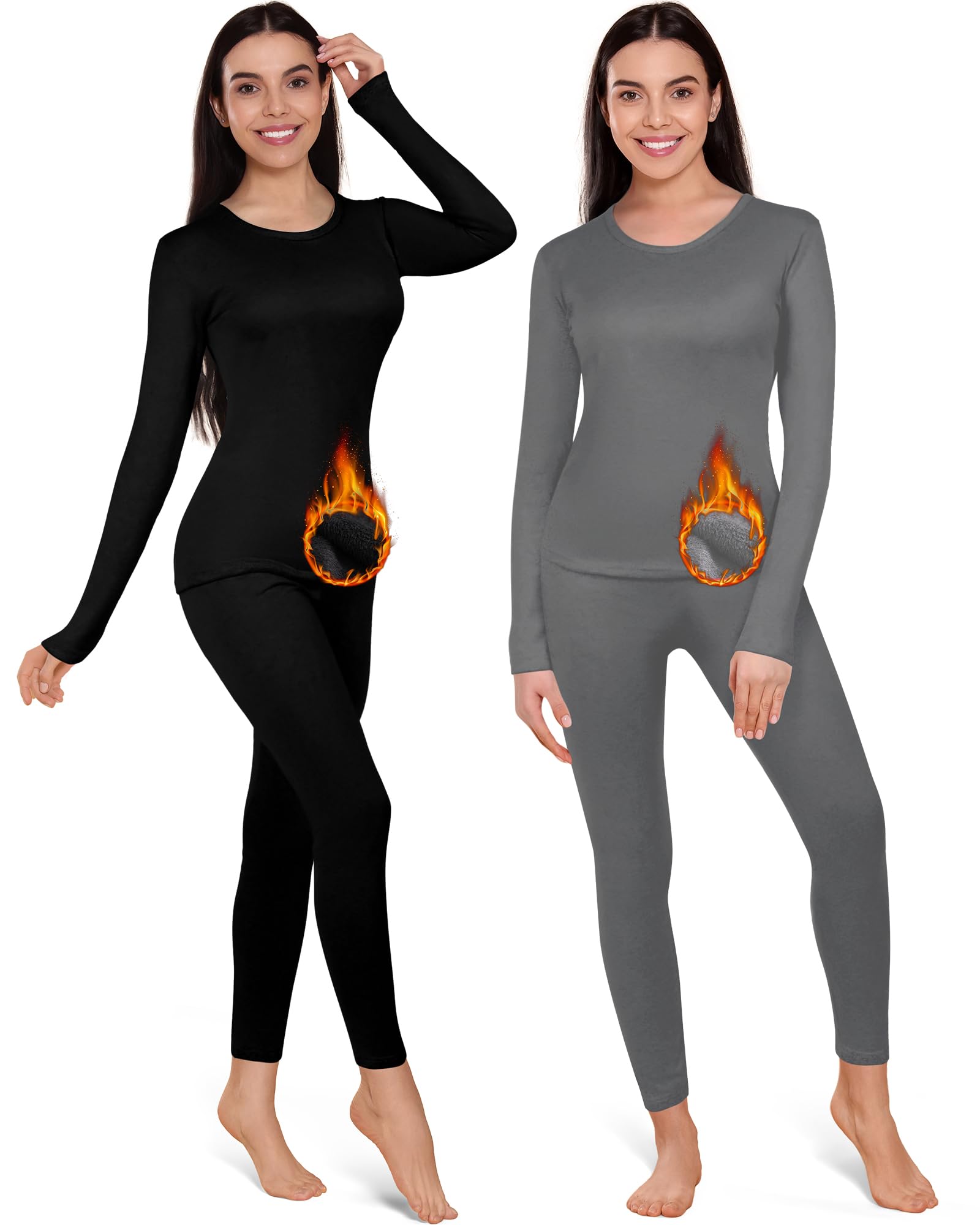 Patelai 2 Set Thermal Underwear Warm Fleece Lined Leggings and Womens Thermal Tops Base Layer(Simple Style,Black, Gray,Small)
