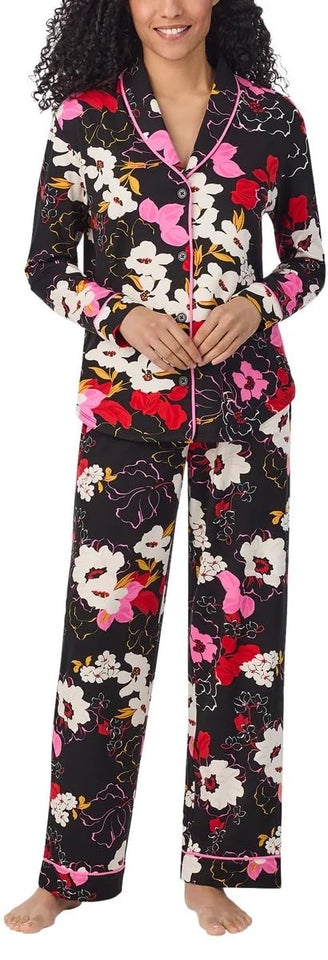Room Service Womens 2-Piece Shawl Collar Pajama Set (US, Alpha, Large, Regular, Regular, Black Floral)