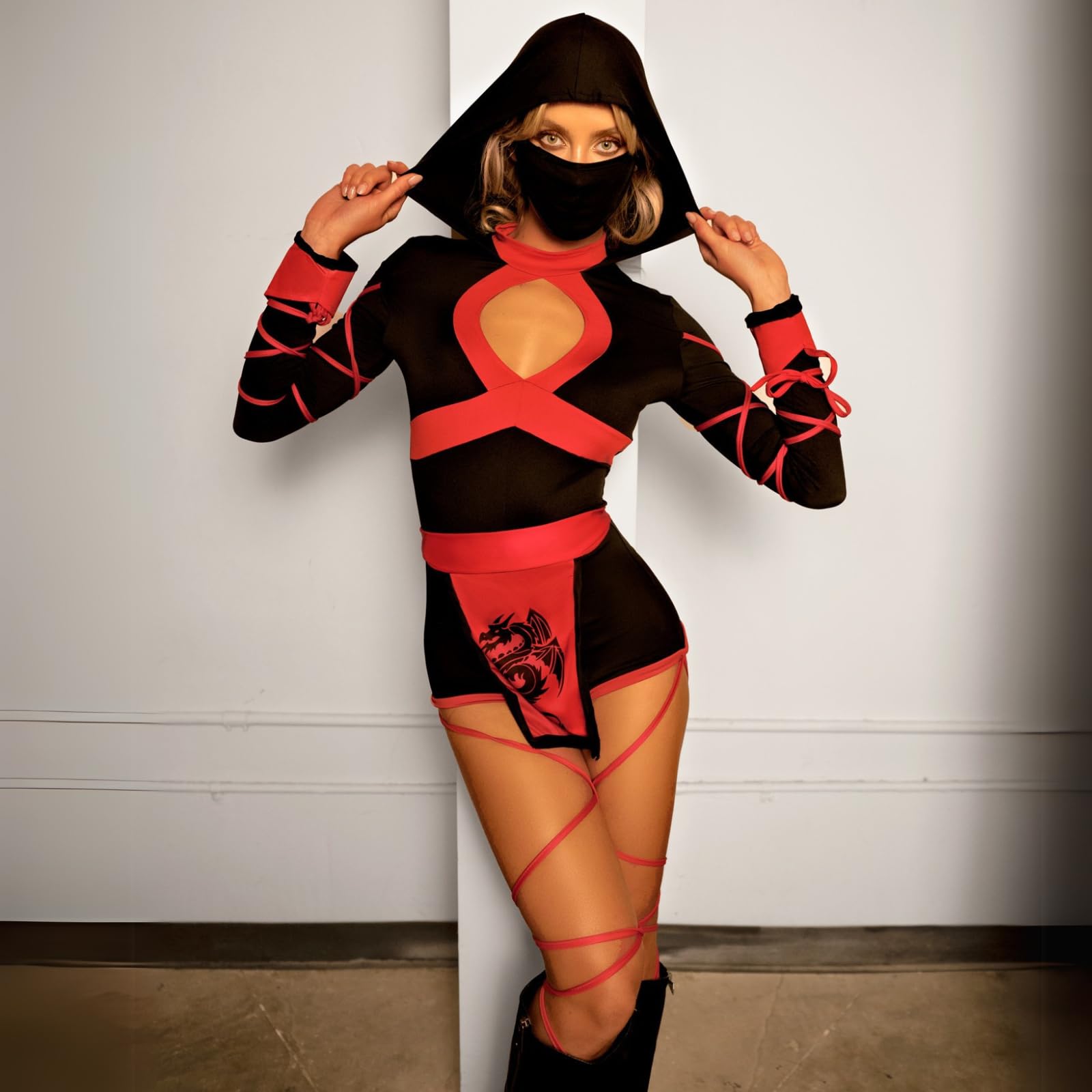 Leg Avenue 3Pc.Dragon Ninja Hooded Romper Black/Red Color