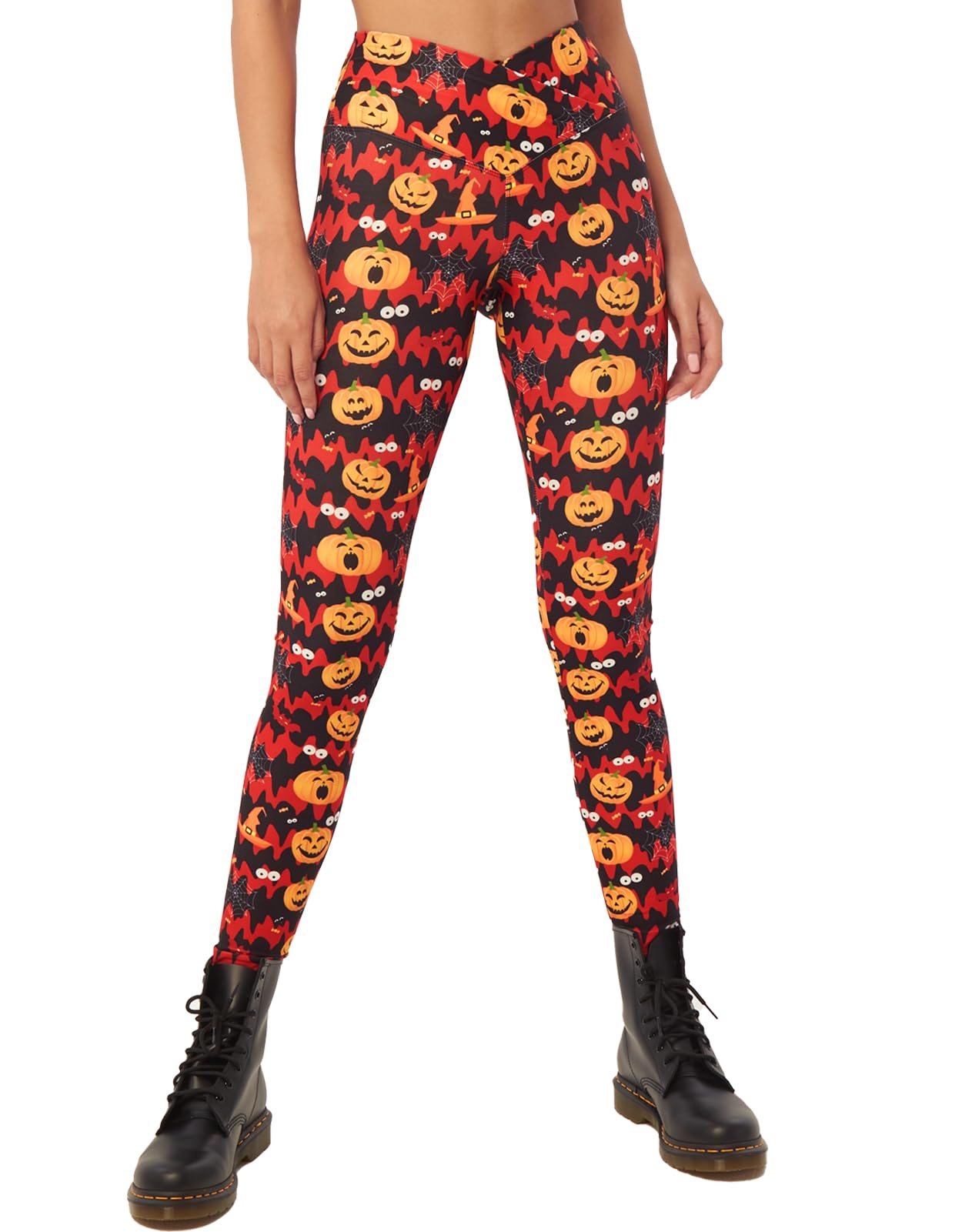 sissycos Women s Halloween Crossover Leggings High Waisted Buttery Soft Printed Tights (Halloween Pumpkin Ghost Red, Large)