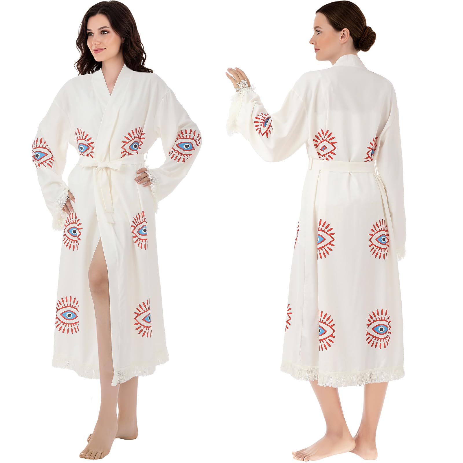 Bonuci Evil Eye Kimono Robe Boho Beach Cover up Muslin Dressing Gown Evil Eye Kaftan for Christmas Womens Gift