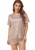 Serenedelicacy Womens Satin Pajama Set 2-Piece Sleepwear Loungewear Button Down Short Sleeve PJ Set (X-Small, Light Coffee)