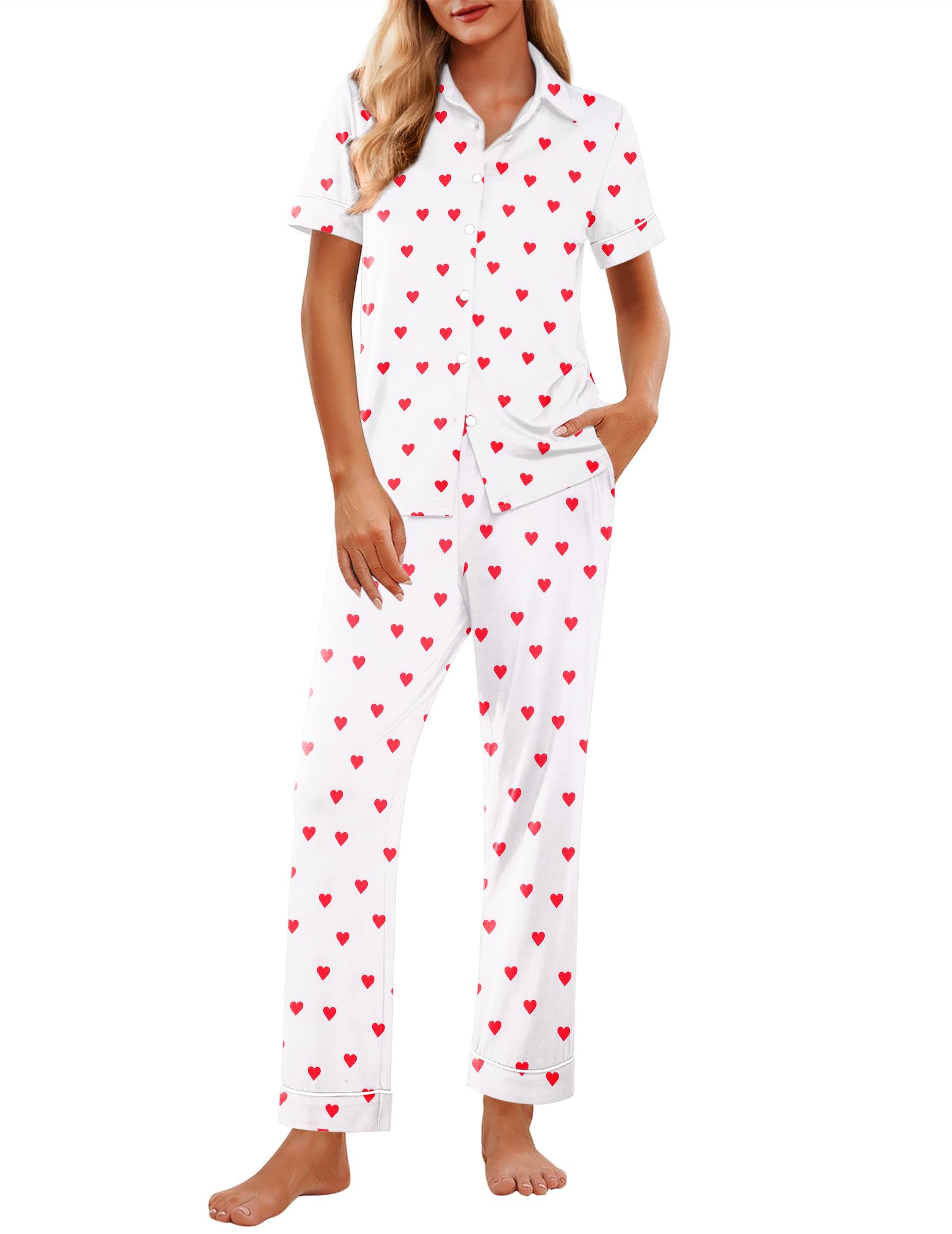 Ekouaer Heart Pajamas for Women Button Down Short Sleeve Soft 2 Piece Lounge Set with Long Pants