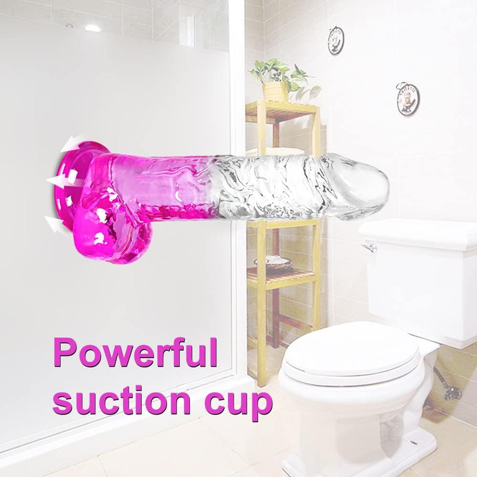 Clear Purple Suction Cup Dildo - 8.2 '' Flexible Big Realistic Dildo with Curved Shaft & Balls for G-Spot & Anal Stimulation - A