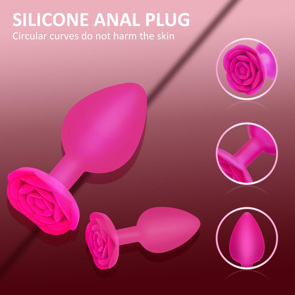 Anal Butt Plug Rose Sex Toy, 3Pcs Silicone Anal Plugs Training Set,Training Set with Flared Base Prostate Sex Toys for Beginners