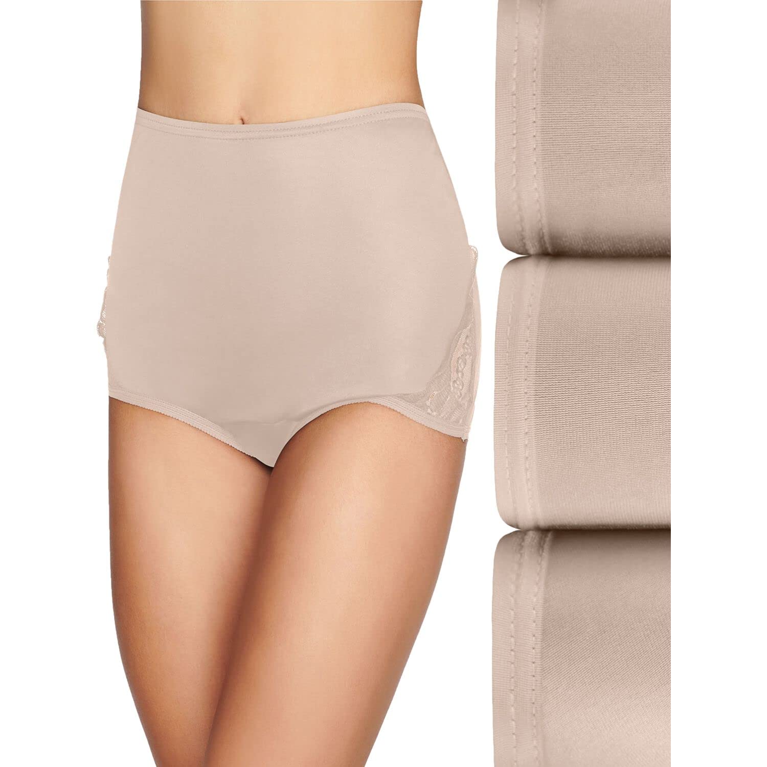 Vanity Fair Womens Perfectly Yours High Waisted Brief Panties, Lace Nouveau-3 Pack-Fawn, 8