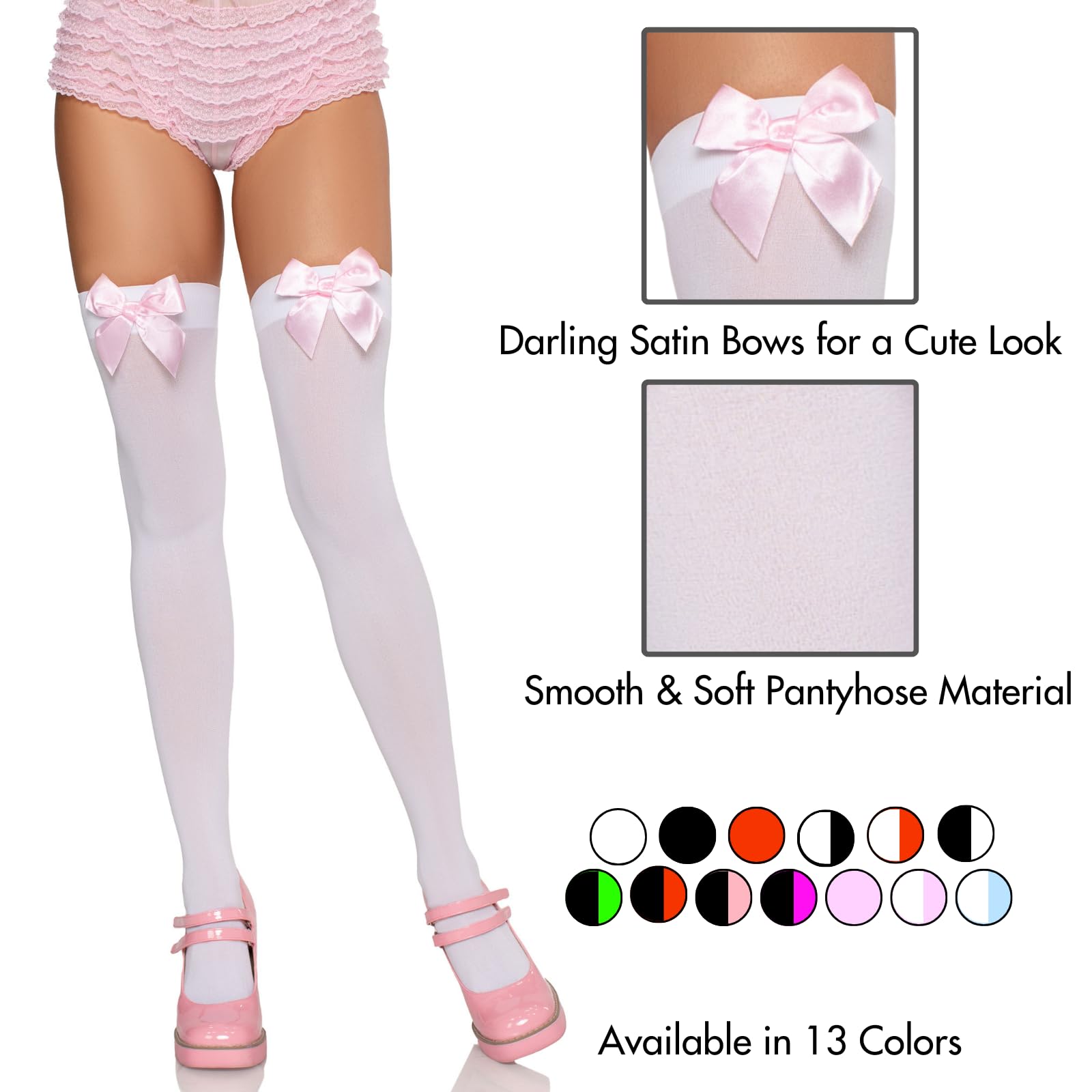 Leg Avenue Women'S Satin Bow Accent Thigh Highs, White/Light Pink, One Size