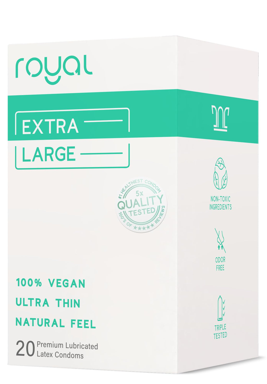 Royal Extra Large Ultra Thin Vegan Condoms - Premium Lubricated Condom Pack - Unflavored Lubricant, Organic Latex Rubber - Odorless, Slim, Natural Feel - Safe & Durable Male Contraceptives - 20 Count