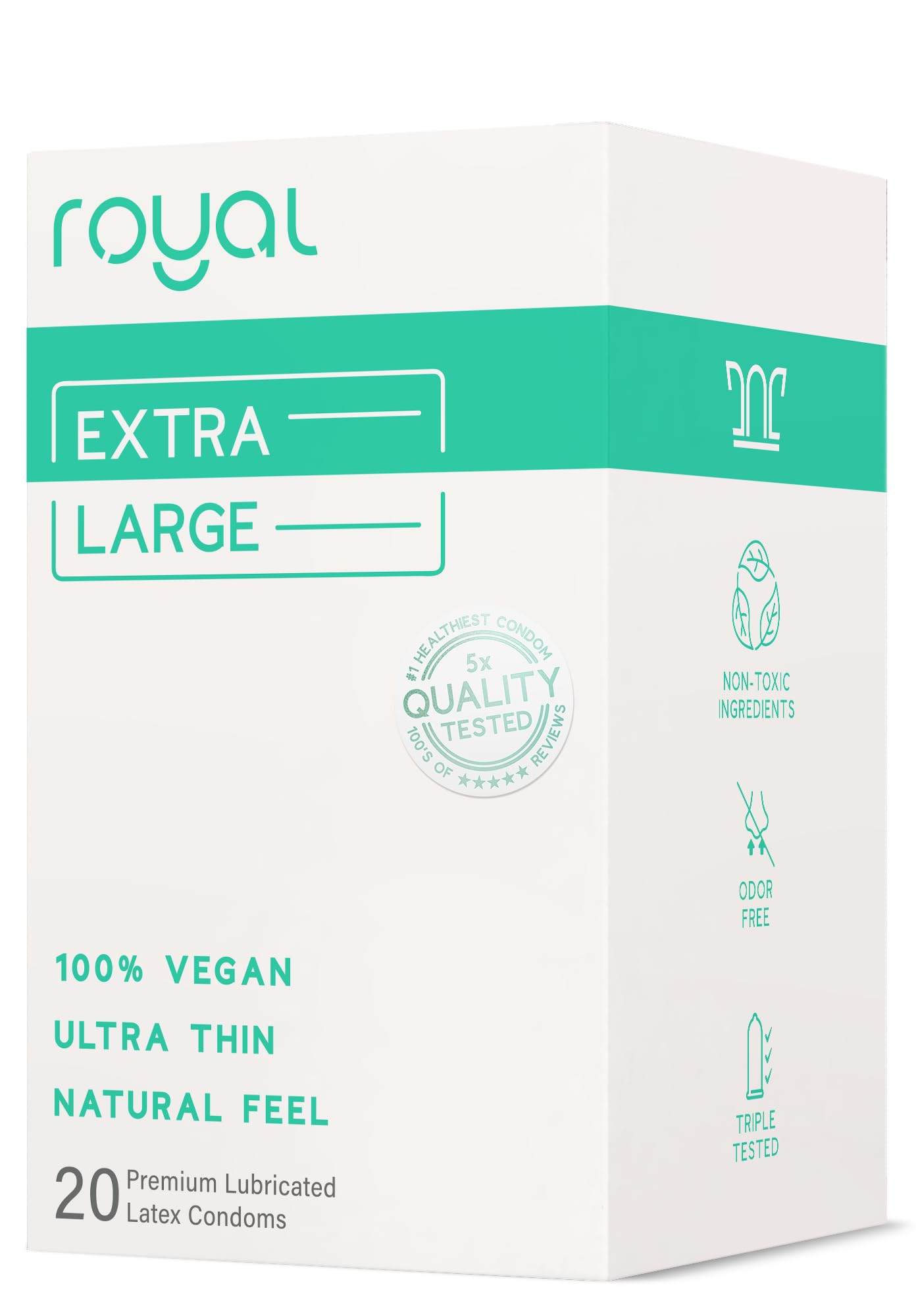 Royal Extra Large Ultra Thin Vegan Condoms - Premium Lubricated Condom Pack - Unflavored Lubricant, Organic Latex Rubber - Odorless, Slim, Natural Feel - Safe & Durable Male Contraceptives - 20 Count