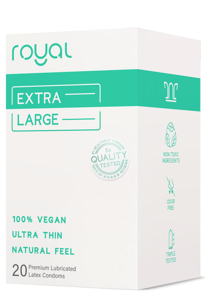Royal Extra Large Ultra Thin Vegan Condoms - Premium Lubricated Condom Pack - Unflavored Lubricant, Organic Latex Rubber - Odorless, Slim, Natural Feel - Safe & Durable Male Contraceptives - 20 Count