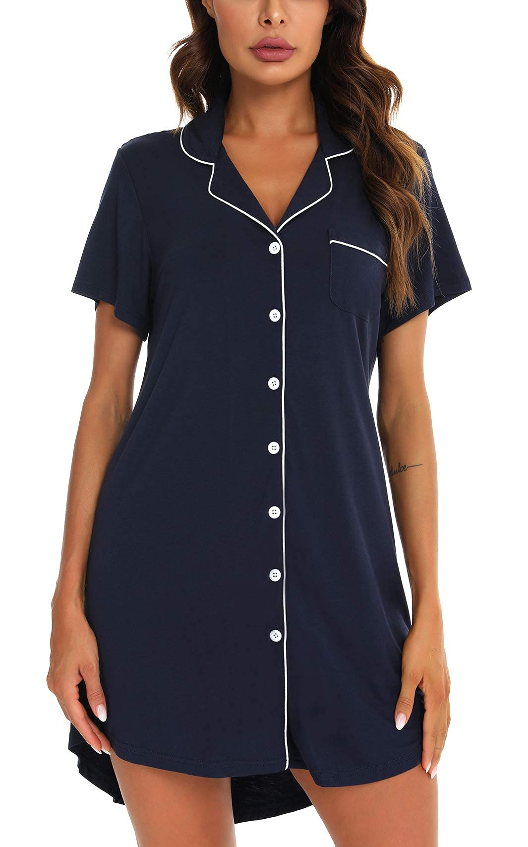 Samring Womens Nightgown Short Sleeve Sleepwear Comfy Sleep Shirt V-Neck Nightshirt Navy Blue S